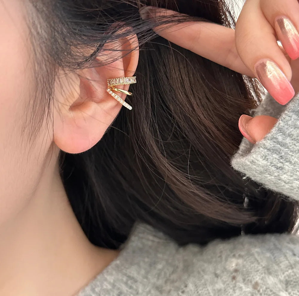 Elegant Crystal Clip Earrings – Pearl & Zircon Hoop Jewelry for Women