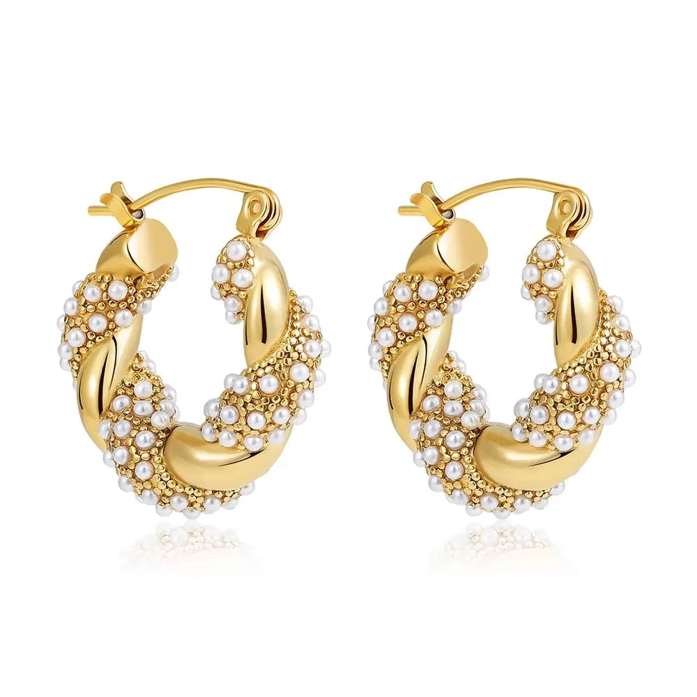 Geometric Zircon Hoop Earrings - 24K Gold Plated Stainless Steel