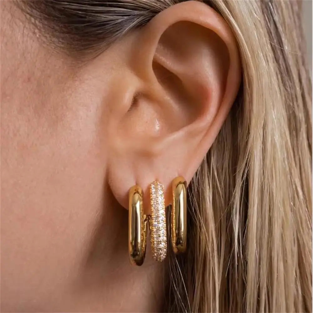 Geometric Zircon Hoop Earrings - 24K Gold Plated Stainless Steel